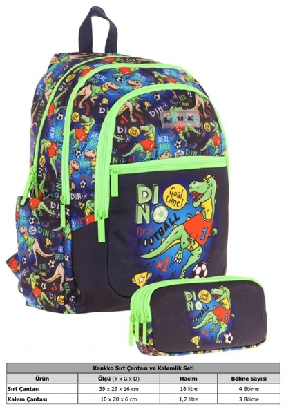 Kaukko Çanta Erkek Çocuk Dinazor Desenli Baskılı Okul Çantası ve Kalem Kutusu Seti (L5266+KK-L8266) - Siyah Yeşil - Resim 2