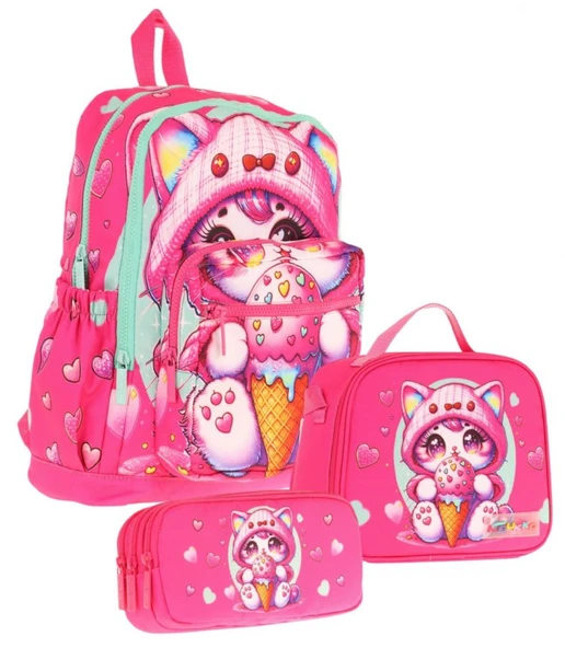 Kaukko Kids Dört Bölmeli Okul Çantası + Beslenme +Kalemlik Seti (Dondurma Yiyen Kedi - Kız Çocuk - Pembe) ürün görseli