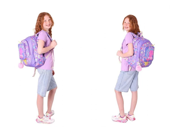 Kaukko Kids Kız Çocuklara Özel (Mor Sarı - Unicorn Detaylı) Üçlü Okul Çantası Seti - Resim 4