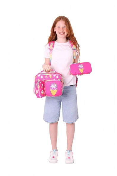 Kaukko Kids Üçlü Kız Çocuk İlkokul Okul Çantası Seti (L5227+L7227+L8227) Pembe - Kauçuk Dondurma - Resim 3