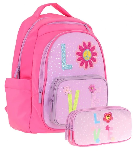 Kaukko Kids Simli Love Desenli Kız Çocuk Okul Çantası ve Üç Gözlü Kalem Çantası Seti (L5211+L8211) ürün görseli