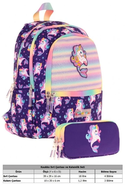 Kaukko Kız Çocuk Dört Gözlü Okul Çantası ve Üç Gözlü Kalem Çantası Seti - Mor - Unicorn (L5228+L8228) - Resim 2