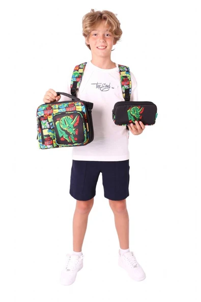 Kaukko Kids Kız Çocuklara Özel (Siyah Yeşil - 3D Gergedan Detaylı) Üçlü Okul Çantası Seti - Resim 3