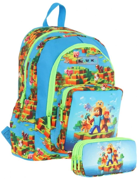 Kaukko Kids (L5280+L8280) Üç Gözlü Erkek Çocuk Okul Çantası ve Kalem Çantası Seti - Yeşil Mavi - Craft Baskılı ürün görseli