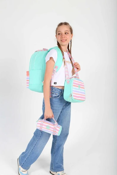 Kaukko Double Stripe Kız Çocuk İlkokul Üçlü Okul Çantası Seti - Su Yeşili Pembe - Çizgi Desenli - Resim 2