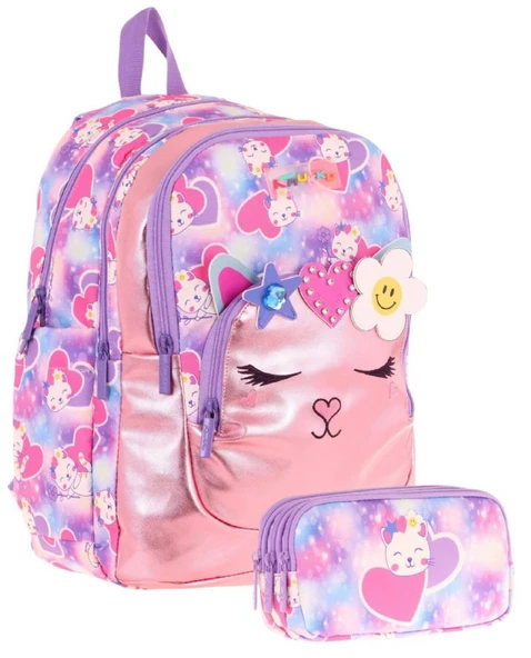 Kaukko Kids Kız Çocuklar İçin Sırt Çantası ve Kalemlik Seti - Kedi Şekilli - Pembe Mor - (L5219+L8219) ürün görseli