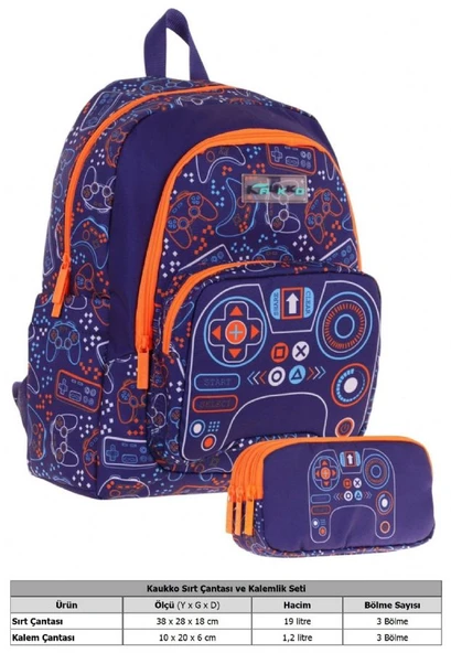 Kaukko Kids (L5281+L8281) Üç Gözlü Erkek Çocuk Okul Çantası ve Kalem Çantası Seti - Turuncu Lacivert - Oyun Baskılı - Resim 2
