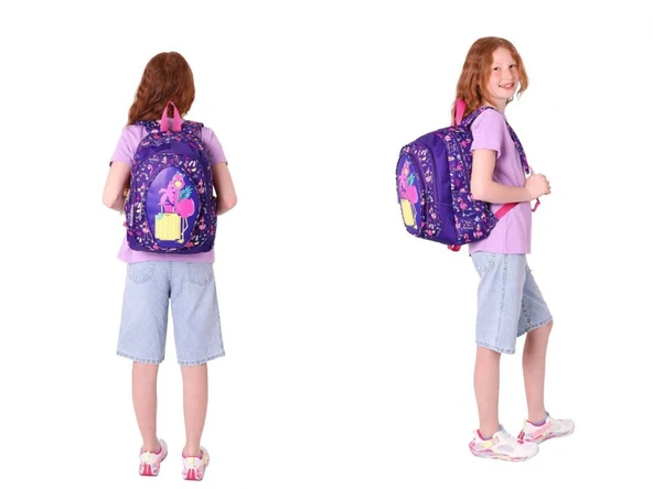 Kaukko Kız Çocuklar İçin Okul Sırt Çantası (L5223) ve Üç Bölmeli Kalemlik (L8223) Seti - Mor Pembe - Flamingo Detaylı - Resim 3