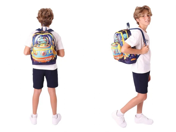 Kaukko Kids Layer Erkek Çocuk Okul Çantası + Kalem Çantası Seti (Mavi Sarı - Astronot Dinazor) - Resim 3