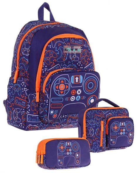 Kaukko Kids Erkek Çocuk Oyun Desenli Üçlü Okul Çanta Seti(Okul Çantası+Beslenme Çantası+Kalemlik) ürün görseli
