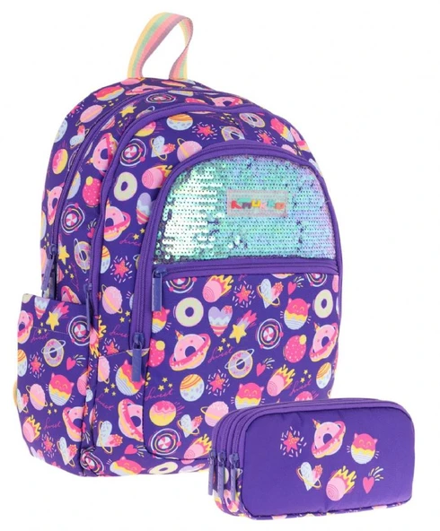 Kaukko Kids Kız Çocuk Okul Çantası ve Üç Bölmeli Kalemlik Seti (Mor - Pullu Şekerleme) - (L5216+L8216) ürün görseli