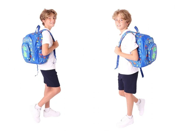 Kaukko Kids Kız Çocuklara Özel (Mavi Yeşil - 3D Dinazor Detaylı) Üçlü Okul Çantası Seti - Resim 4