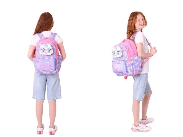 Kaukko Kids Toys Kız Çocuk Mor Pembe 3D Kedi Şekilli İlkokul Çantası ve Kalemlik Seti (L5236+L8236) - Resim 3