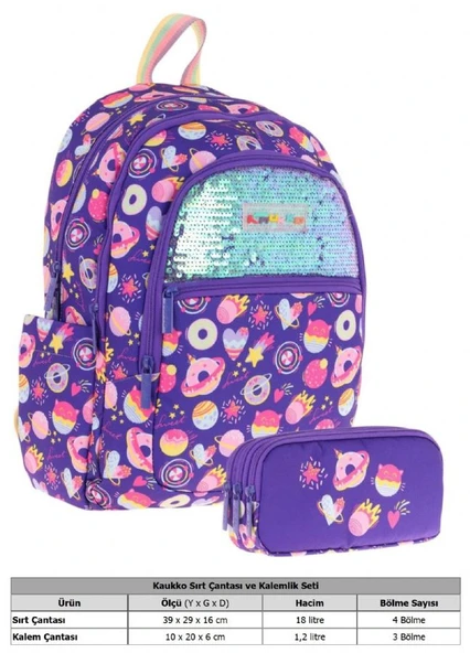 Kaukko Kids Kız Çocuk Okul Çantası ve Üç Bölmeli Kalemlik Seti (Mor - Pullu Şekerleme) - (L5216+L8216) - Resim 2