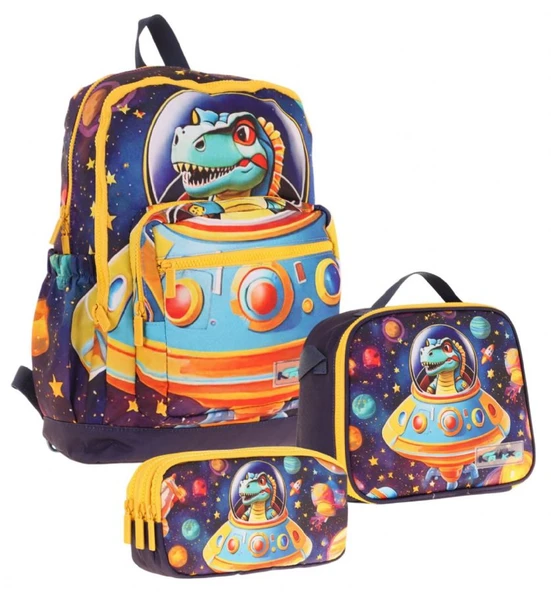 Kaukko Kids Dört Bölmeli Okul Çantası + Beslenme +Kalemlik Seti (Astronot Dinazor - Erkek Çocuk - Mavi Sarı) ürün görseli