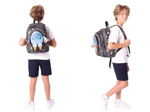 Kaukko Erkek Çocuklar İçin Okul Sırt Çantası (L5264) ve Üç Bölmeli Kalemlik (L8264) Seti - Siyah - 3D Roket Detaylı - Resim 3