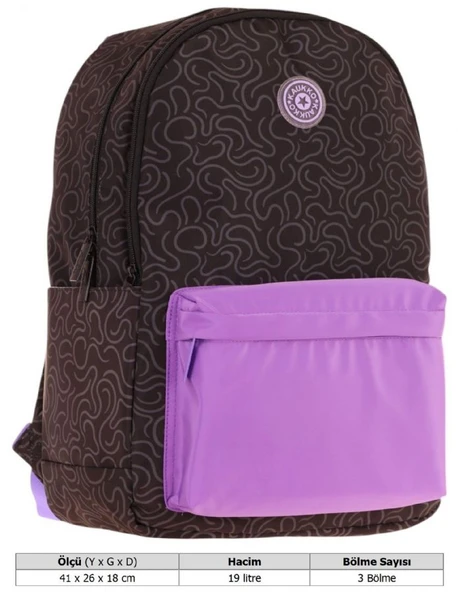 Kaukko Double Colors Üç Bölmeli Kız Çocuk Okul ve Günlük Sırt Çantası - Siyah Mor - K1837 - Resim 4