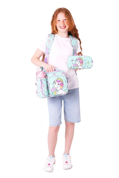 Kaukko Kids 3D Unicorn Şekilli Kız Çocuk Üçlü Okul Çantası Seti/Takımı - Turkuaz (L5234+L7234+L8234) - Resim 3