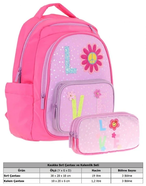 Kaukko Kids Simli Love Desenli Kız Çocuk Okul Çantası ve Üç Gözlü Kalem Çantası Seti (L5211+L8211) - Resim 3
