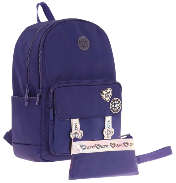 Kaukko Parlak Love Şeritli Lacivert Okul Çantası ve Cüzdan Tipi Kalemlik Seti (KK-K1843+KK-K2754) ürün görseli