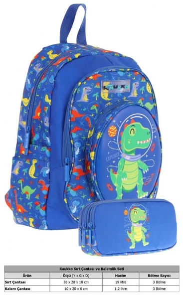 Kaukko Erkek Çocuklar İçin Okul Sırt Çantası (L5262) ve Üç Bölmeli Kalemlik (L8262) Seti - Mavi Yeşil - 3D Dinazor Detaylı - Resim 2