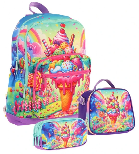 Kaukko Kids Dört Bölmeli Okul Çantası + Beslenme +Kalemlik Seti (Dondurma - Kız Çocuk - Kırmızı Mavi) ürün görseli