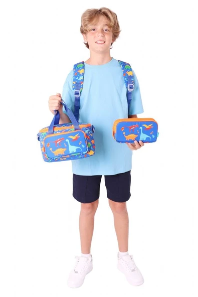 Kaukko Kids Armalı Dinazor Desenli Erkek Çocuk Üçlü İlkokul Okul Çantası Seti - Mavi - Resim 3