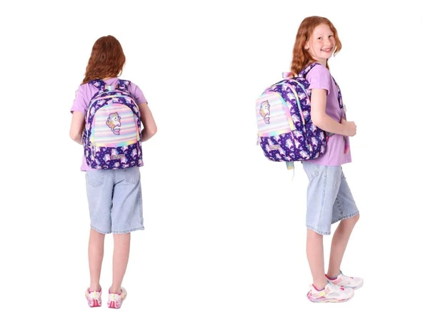 Kaukko Kız Çocuk Dört Gözlü Okul Çantası ve Üç Gözlü Kalem Çantası Seti - Mor - Unicorn (L5228+L8228) - Resim 3