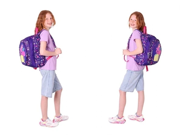 Kaukko Kids Kız Çocuklara Özel (Mor Pembe - Flamingo Detaylı) Üçlü Okul Çantası Seti - Resim 4