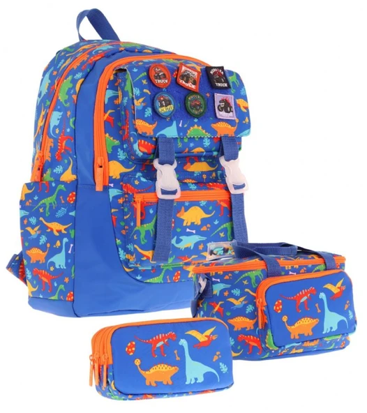 Kaukko Kids Armalı Dinazor Desenli Erkek Çocuk Üçlü İlkokul Okul Çantası Seti - Mavi ürün görseli