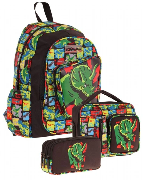 Kaukko Kids Kız Çocuklara Özel (Siyah Yeşil - 3D Gergedan Detaylı) Üçlü Okul Çantası Seti ürün görseli