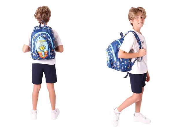 Kaukko Erkek Çocuklar İçin Okul Sırt Çantası (L5260) ve Üç Bölmeli Kalemlik (L8260) Seti - Lacivert - Roket Detaylı - Resim 3