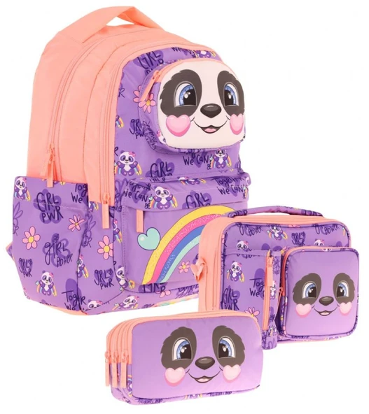 Kaukko Kids 3D Panda Şekilli Kız Çocuk Üçlü Okul Çantası Seti/Takımı - Mor Somon (L5233+L7233+L8233) ürün görseli