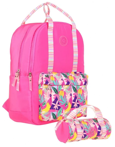 Kaukko İkili Okul Çantası Seti - Okul Çantası+Kalemlik - Pembe - Yaprak Desenli - Kız Çocuklar İçin ürün görseli