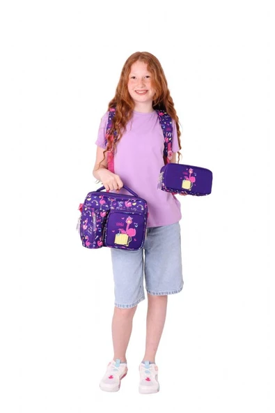 Kaukko Kids Kız Çocuklara Özel (Mor Pembe - Flamingo Detaylı) Üçlü Okul Çantası Seti - Resim 3