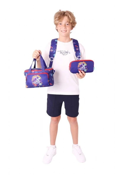 Kaukko Kids Erkek Çocuk İçin Lacivert Kırmızı Renkli Astronot BaskılıÜçlü Okul Çanta Kombinasyonu - Resim 3