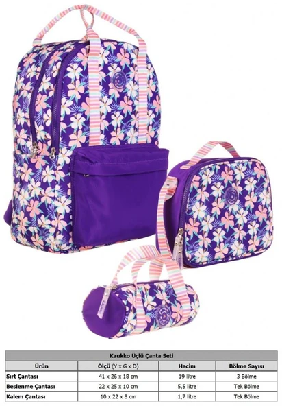 Kaukko Double Stripe Kız Çocuk İlkokul Üçlü Okul Çantası Seti - Mor - Çiçek Desenli - Resim 3
