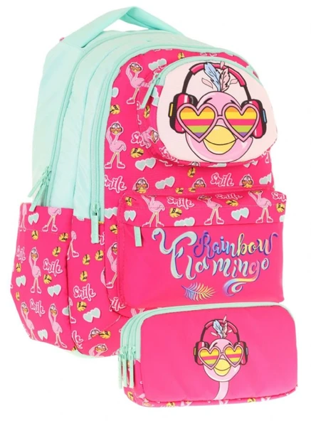 Kaukko Kids Toys Kız Çocuk Kırmızı Yeşil 3D Flamingo Şekilli İlkokul Çantası ve Kalemlik Seti (L5235+L8235) ürün görseli