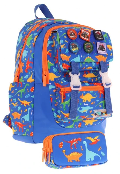 Kaukko Armalı Dinazor Desenli Okul Çantası + Kalemlik Seti (L5278+L8278) Erkek Çocuk - Mavi ürün görseli