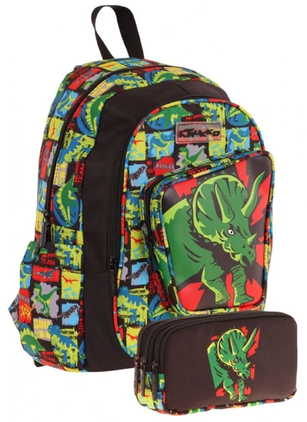 Kaukko Erkek Çocuklar İçin Okul Sırt Çantası (L5263) ve Üç Bölmeli Kalemlik (L8263) Seti - Siyah Yeşil - 3D Gergedan Detaylı ürün görseli