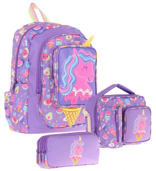 Kaukko Kids Kız Çocuklara Özel (Mor Sarı - Unicorn Detaylı) Üçlü Okul Çantası Seti ürün görseli