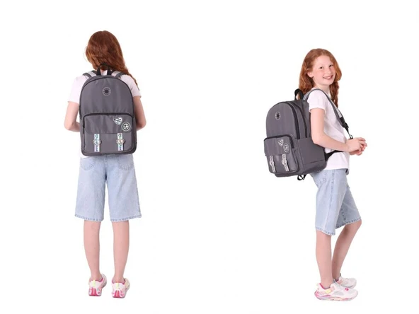 Kaukko Parlak Love Şeritli Gri Okul Çantası ve Cüzdan Tipi Kalemlik Seti (KK-K1842+KK-K2753) - Resim 4