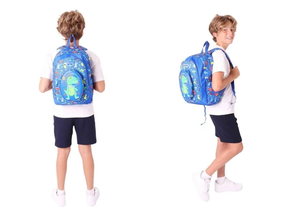 Kaukko Erkek Çocuklar İçin Okul Sırt Çantası (L5262) ve Üç Bölmeli Kalemlik (L8262) Seti - Mavi Yeşil - 3D Dinazor Detaylı - Resim 3