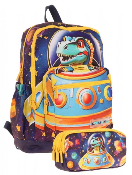Kaukko Kids Layer Erkek Çocuk Okul Çantası + Kalem Çantası Seti (Mavi Sarı - Astronot Dinazor) ürün görseli