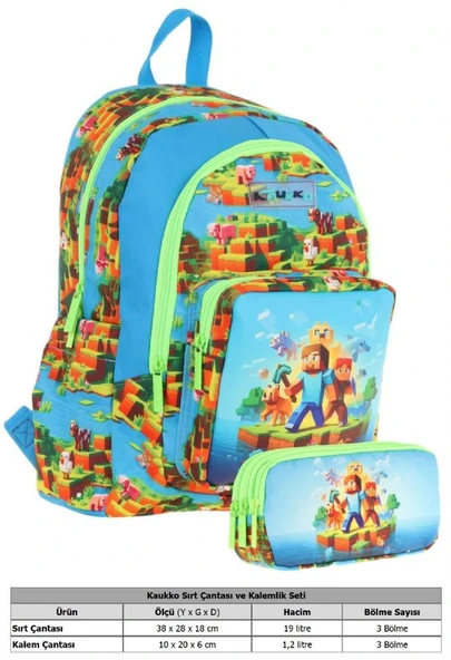 Kaukko Kids (L5280+L8280) Üç Gözlü Erkek Çocuk Okul Çantası ve Kalem Çantası Seti - Yeşil Mavi - Craft Baskılı - Resim 2