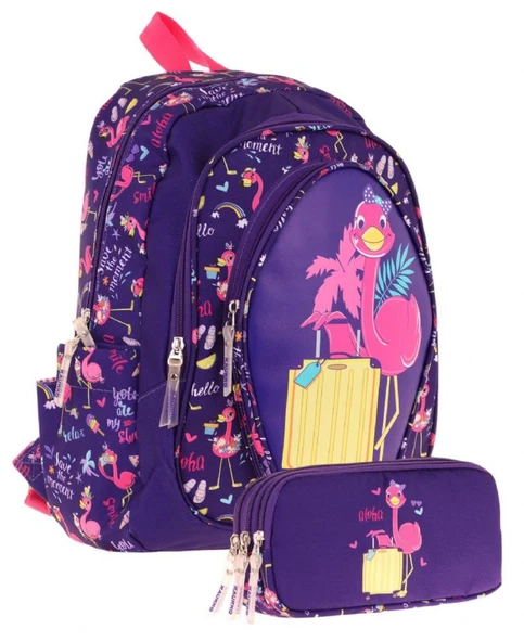 Kaukko Kız Çocuklar İçin Okul Sırt Çantası (L5223) ve Üç Bölmeli Kalemlik (L8223) Seti - Mor Pembe - Flamingo Detaylı ürün görseli