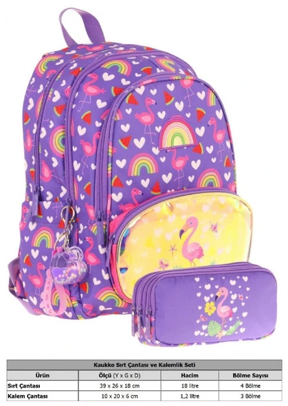 Kaukko Kız Çocuklar İçin Okul Sırt Çantası (L5226) ve Üç Bölmeli Kalemlik (L8226) Seti - Mor Pembe - Flamingo Nakışlı ve Baskılı - Resim 2