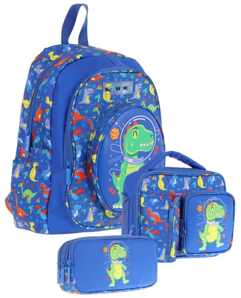 Kaukko Kids Kız Çocuklara Özel (Mavi Yeşil - 3D Dinazor Detaylı) Üçlü Okul Çantası Seti ürün görseli