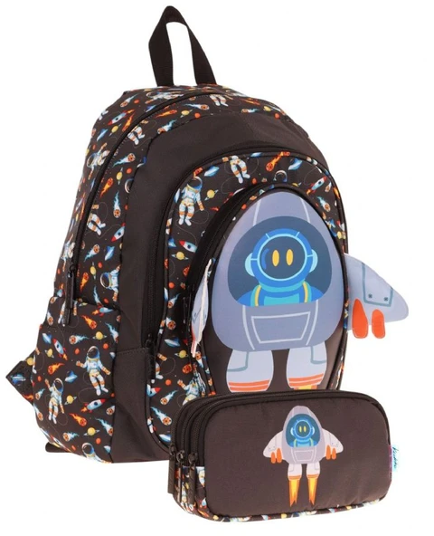 Kaukko Erkek Çocuklar İçin Okul Sırt Çantası (L5264) ve Üç Bölmeli Kalemlik (L8264) Seti - Siyah - 3D Roket Detaylı ürün görseli