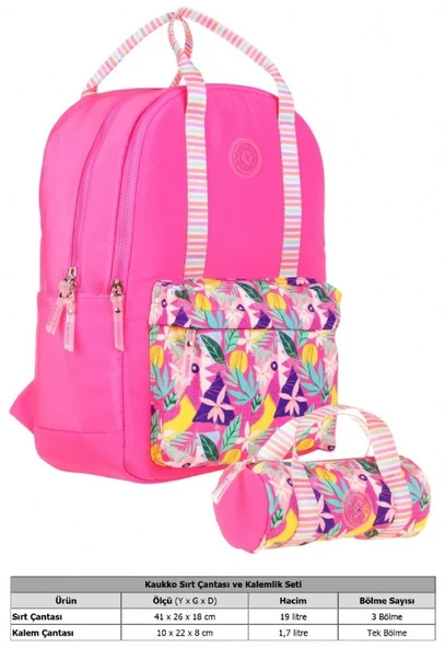 Kaukko İkili Okul Çantası Seti - Okul Çantası+Kalemlik - Pembe - Yaprak Desenli - Kız Çocuklar İçin - Resim 2